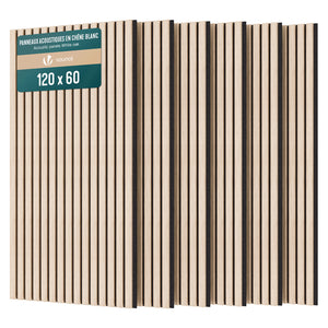 Lot de 6 panneaux acoustiques muraux Tasseaux en bois MDF avec feutre noir 120x60x2.1cm chêne blanc - vounat.shop