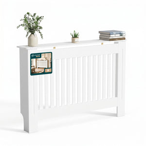 Cache radiateur en MDF avec lattes et etagere 111×19×82 cm Blanc - vounat.shop