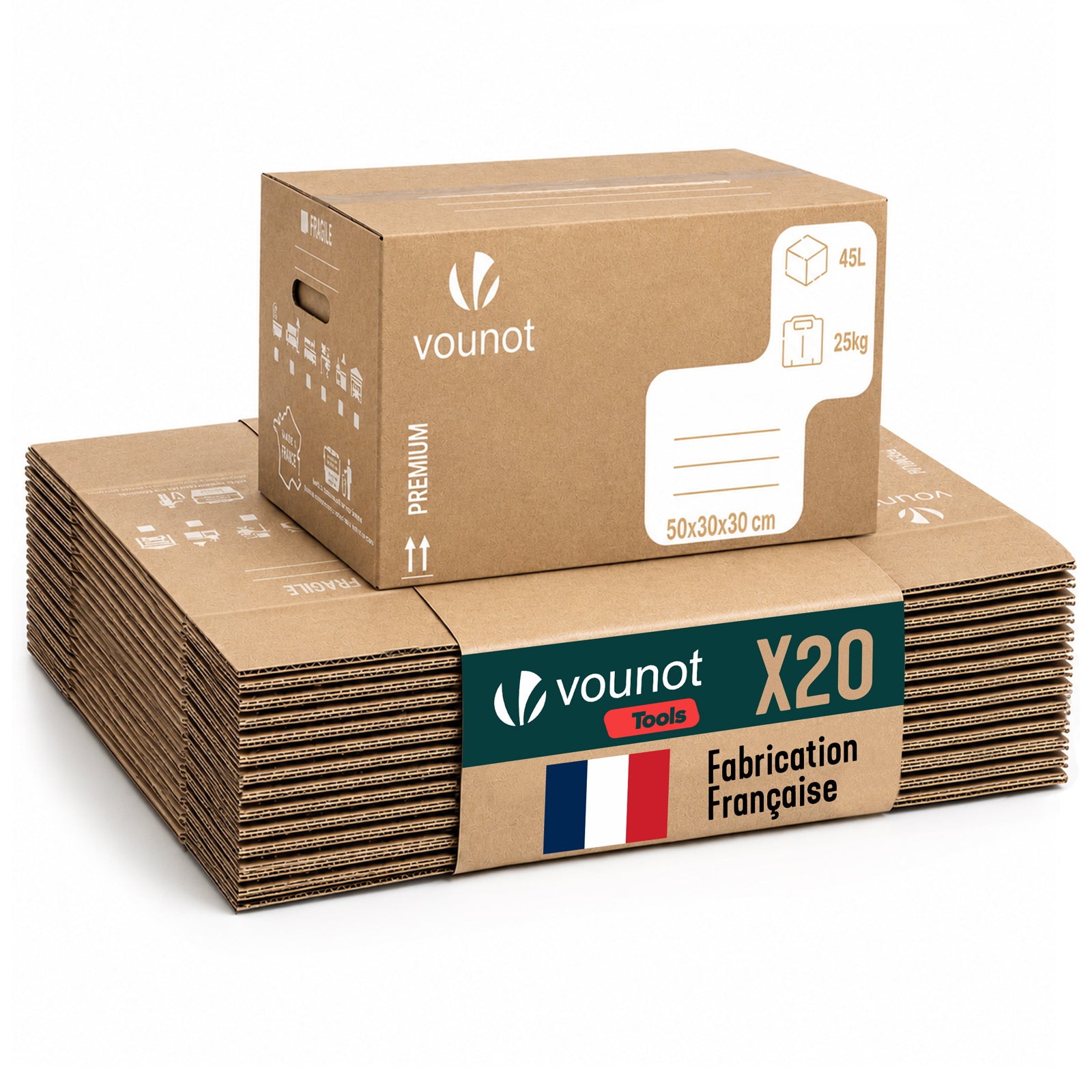 Lot de 20 cartons de demenagement stockage 45L Fabrique en France 50x30x30cm - vounat.shop