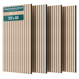 Lot de 4 panneaux acoustiques muraux Tasseaux en bois MDF avec feutre noir 120x60x2.1cm chêne blanc - vounat.shop