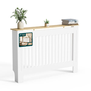 Cache radiateur en MDF avec lattes et etagere 111×19×82 cm Blanc Chêne - vounat.shop