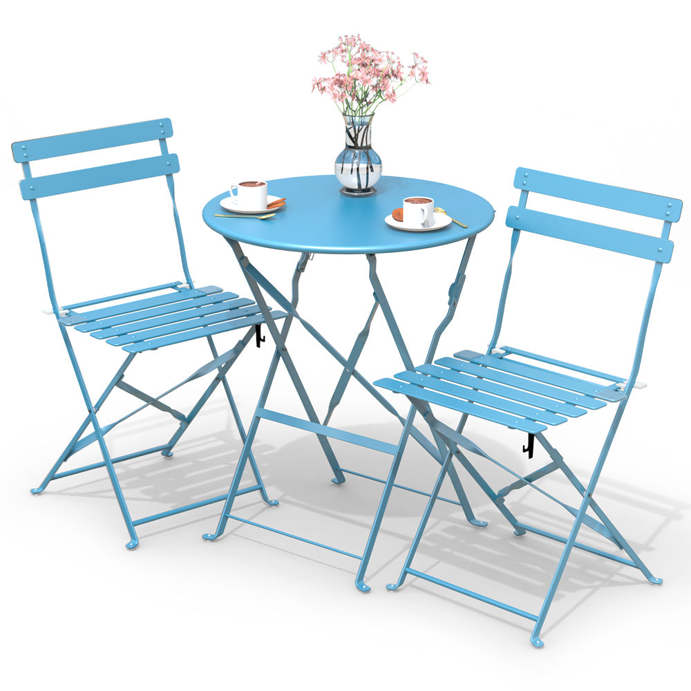 Ensemble bistro extérieur 1 table 2 chaises acier bleu - vounat.shop