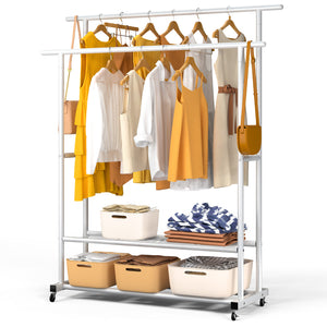 Portant a Vetements double avec roulettes et 2 etageres de rangement 121x40x147cm metal Blanc - vounat.shop
